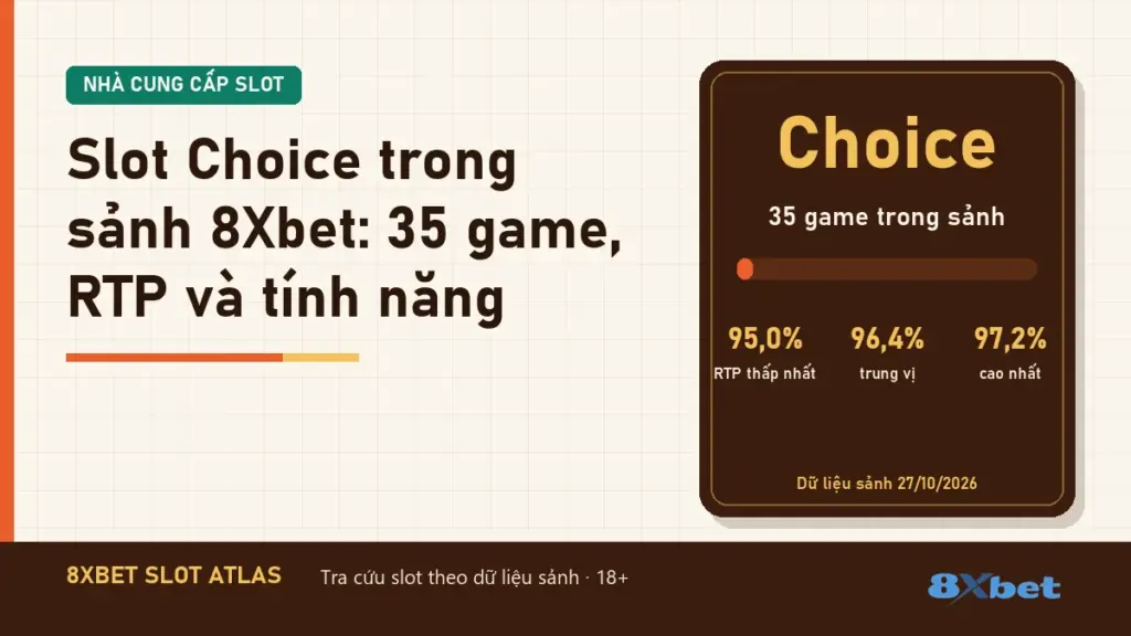 Slot Choice trong sảnh 8Xbet: 35 game, tiêu đề in trên thẻ Slot Atlas cam gỉ và xanh mòng két